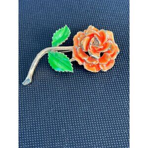 Vintage Neon Orange Enamel Rose Flower Trembler Gold Tone Pin Brooch